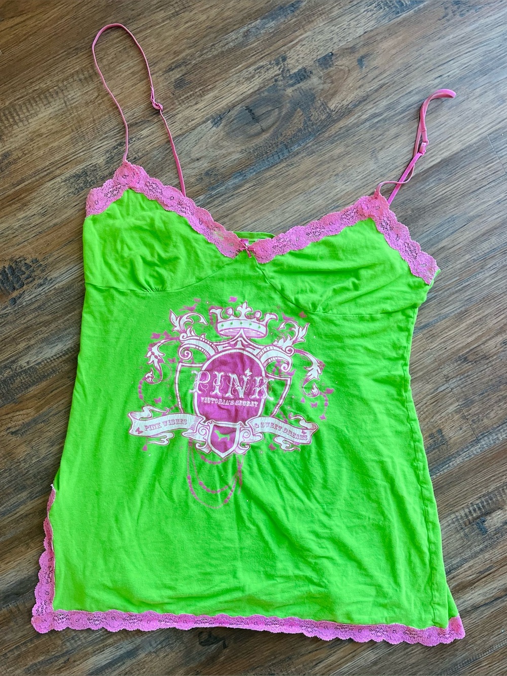 Vintage Victoria's Secret PINK Y2K lace trim cami / chemise green pink large